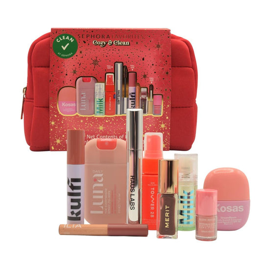 Sephora Cozy & Clean Makeup Holiday Gift Set - 9 Clean Beauty Essentials with Lip, Primer, Mascara & Skincare