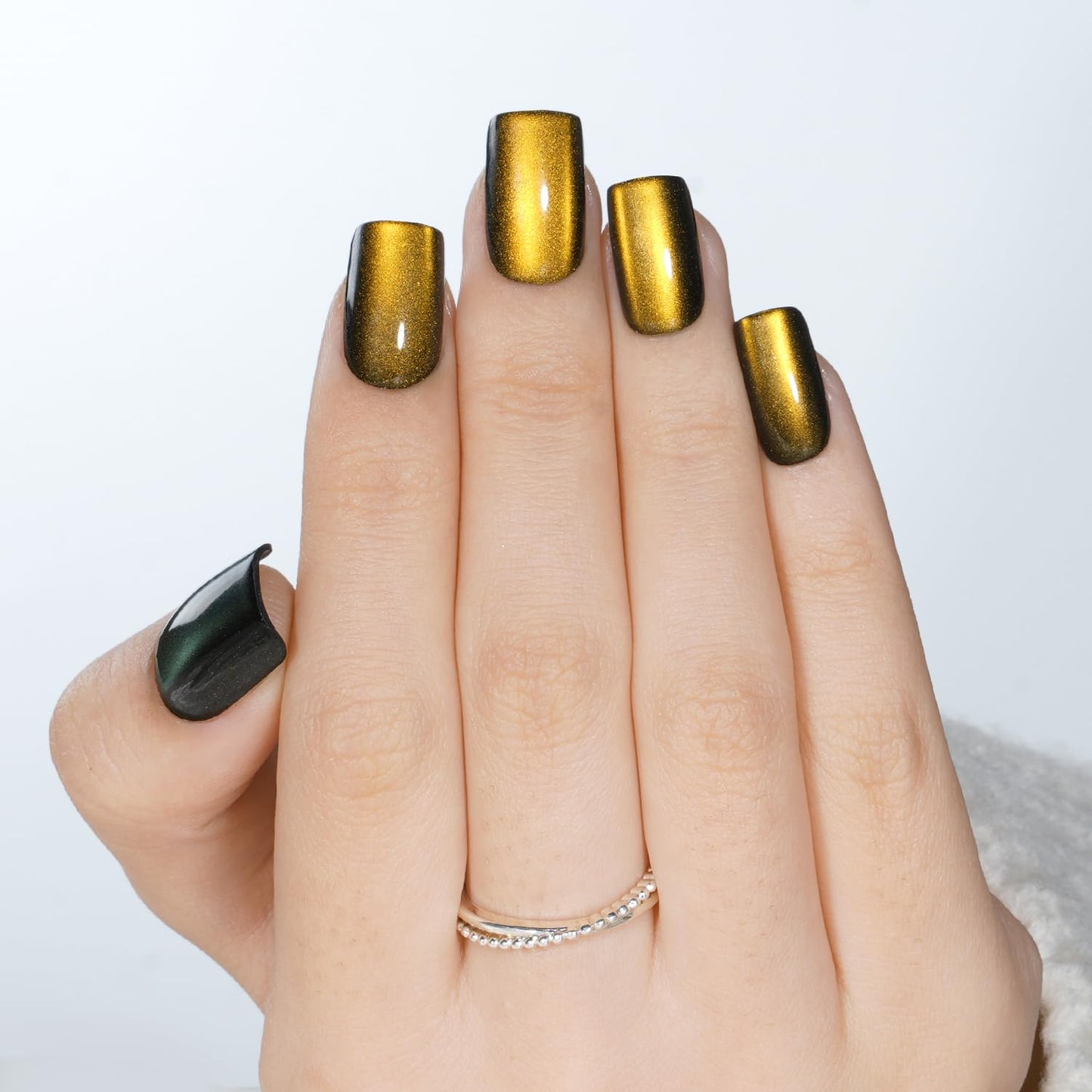 Leefrei Gold Cat Eye Press On Nails - Short Square Metallic Gold Nails Press Ons for Women DIY Glossy Fake Nails Kit with Glue, Reusable Soft Gel Glue Beauty and Personal Care Leefrei