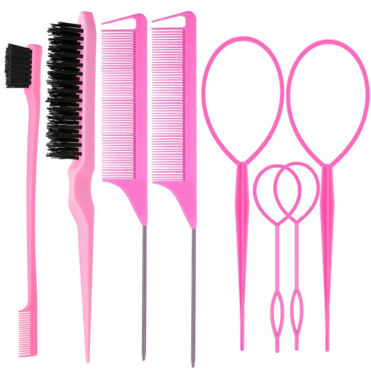 ZVOREI 8Pcs Hair Brushes Set with 4Pcs Topsy Hair Tail Tools 1Pcs Bristle Teasing Hair Brush 1Pcs Edge Control Brush 2Pcs Metal Pin Rat Tail Combs