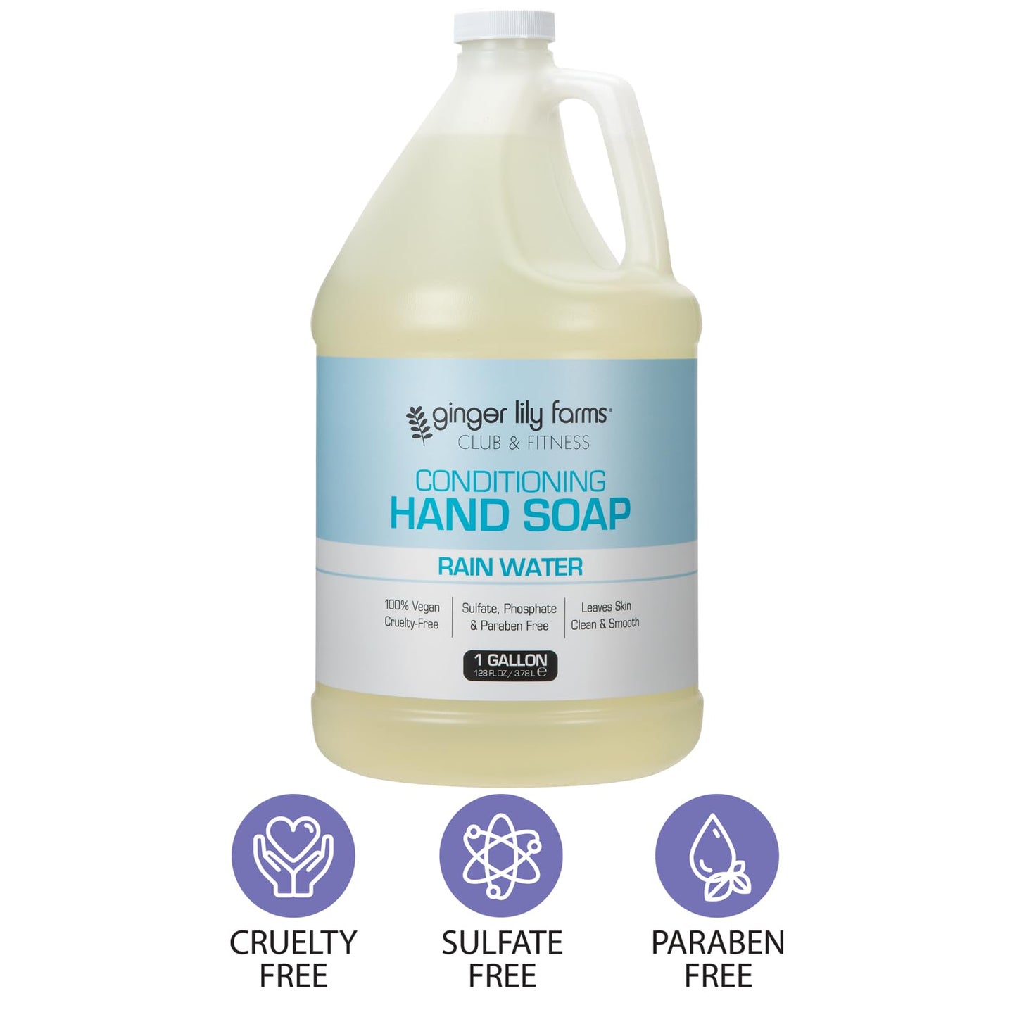 Ginger Lily Farms Club & Fitness Conditioning Liquid Hand Soap Refill, 100% Vegan & Cruelty-Free, Rain Water Scent, 1 Gallon (128 fl oz)