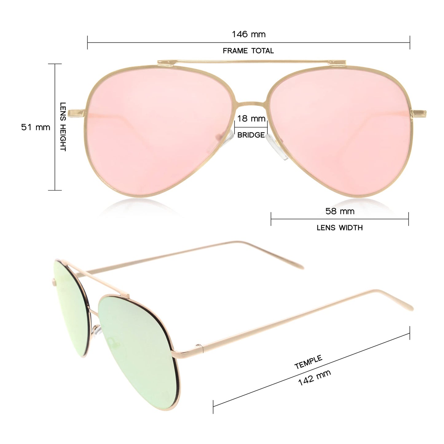 zeroUV Mirrored Oversized Aviator Sunglasses for Women and Men, Metal Frame with UV400 with Large Flat Mirror Lens 58mm (Gold/Pink Mirror)