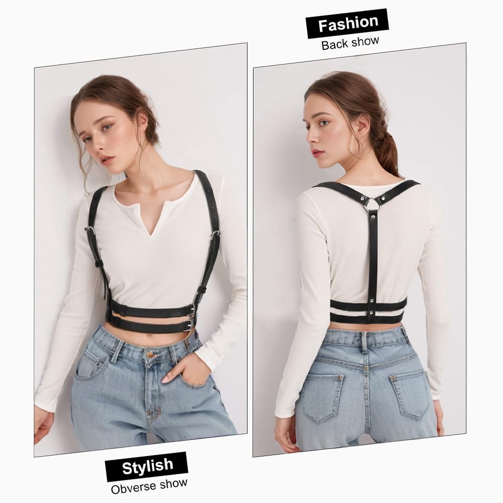 CHEARUBY Goth Belt Gothic Clothes for Women Punk Accessories Plus Size Elastic Belts PU Leather Fashion Adjustable Waist Body Chain Rave Halloween…