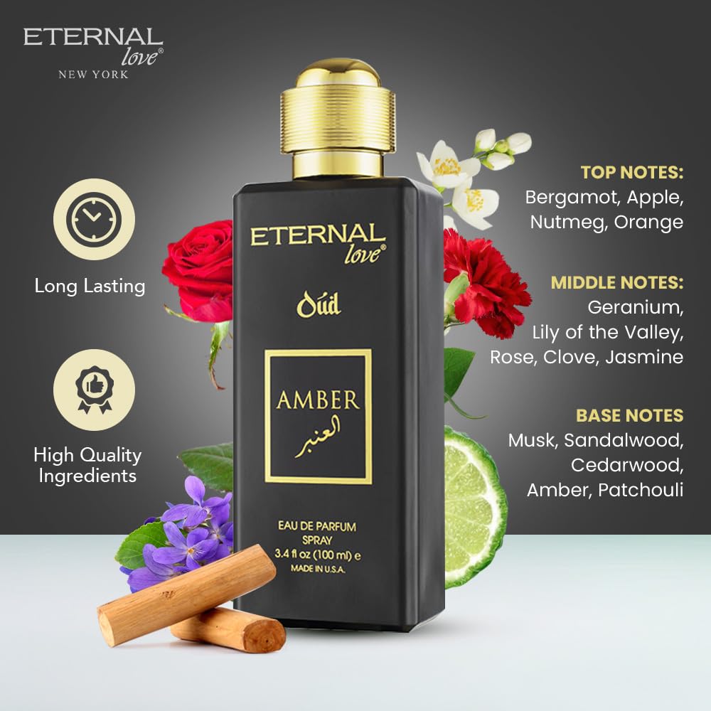 Eternal Love Amber Oud - Long Lasting Unisex Eau de Parfum - Warm Woody Oriental Fragrance with Oud & Amber - Dubai Inspired Arabic Scent - 3.4oz