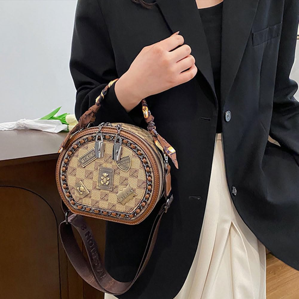 Vintage Women's Bag, Round Crossbody Bag, One Shoulder Crossbody Circle Tote Bag, Large Capacity Daily Purse Handbag for Women Girls