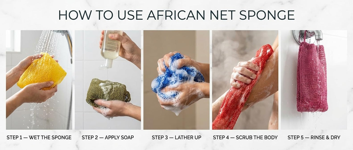 Body Scrubber African net Cloth with Knots, Real, Long, exfoliating net Sponge with 22 Colors Available Made for Both Men and Women as a Hygiene Beauty and Personal Care AFRICANA BEAUTY