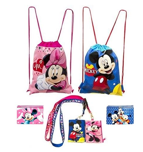 Disney Mickey and Minnie Mouse Drawstring Backpacks Plus Lanyards with Detachable Coin Purse and Autograph Books (Set of 6) (Pink - Dark Blue)