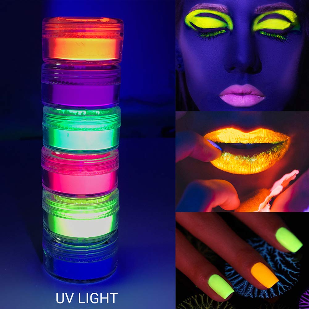 FindinBeauty Neon Pigment Eyeshadow Powder UV Reactive Glow in the Blacklight 6 Mixed Bright True Colors for Body/Eyeshadow, Carnival Party Halloween