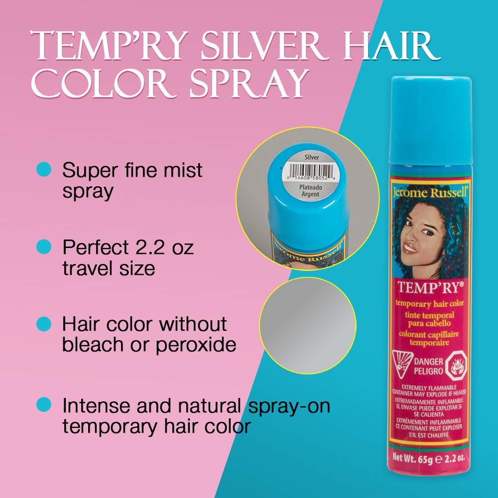 Jerome Russell Temp’rye Silver Temporary Hair Color Spray - Intense Spray-On Fast-Drying Non-Sticky, Cruelty-Free BPA-Free, 2.2 oz, 3 Pack