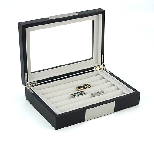 TIMELYBUYS Black Ebony Wood Cufflink Case & Ring Storage Organizer with Stainless Steel Engravable Design Accent Men's Jewelry Box for 20 Cufflinks
