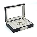 TIMELYBUYS Black Ebony Wood Cufflink Case & Ring Storage Organizer with Stainless Steel Engravable Design Accent Men's Jewelry Box for 20 Cufflinks