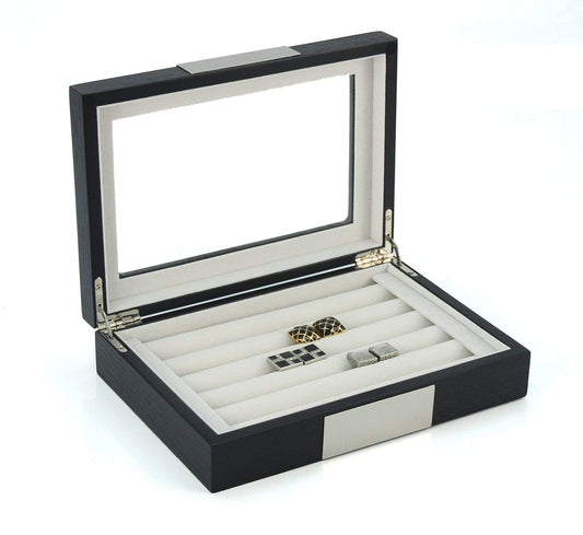 TIMELYBUYS Black Ebony Wood Cufflink Case & Ring Storage Organizer with Stainless Steel Engravable Design Accent Men's Jewelry Box for 20 Cufflinks