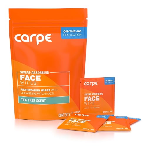 Carpe Sweat Absorbing Face Wipes (15 Facial Wipes). Witch Hazel & Tea Tree Oil Wipes Infused with Eucalyptus. Energizing, Refreshing, and Soothing