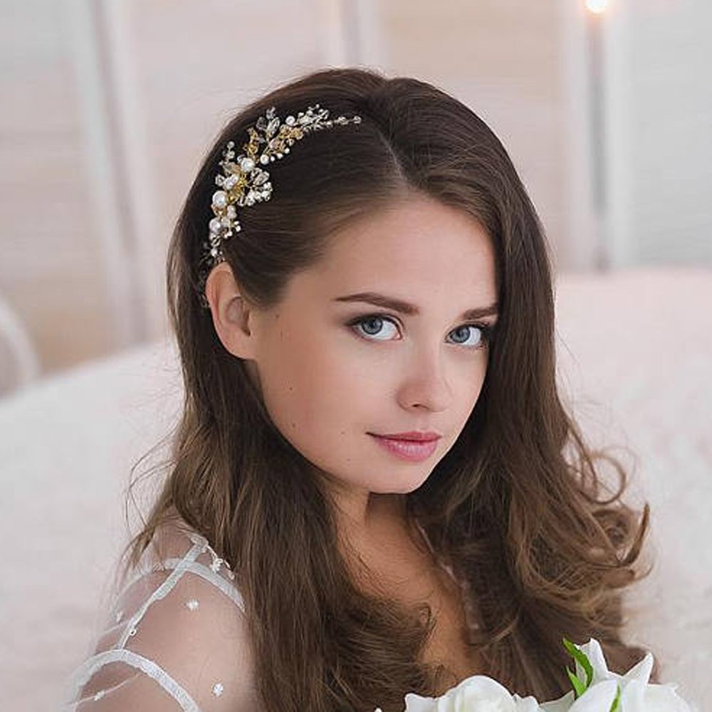 Kercisbeauty Wedding Bridal Bridesmaids Flower Girl Crystal and Pearl Side Hair Comb Slide Headpiece Long Curly Bun Hair Accessories for Prom (Rose