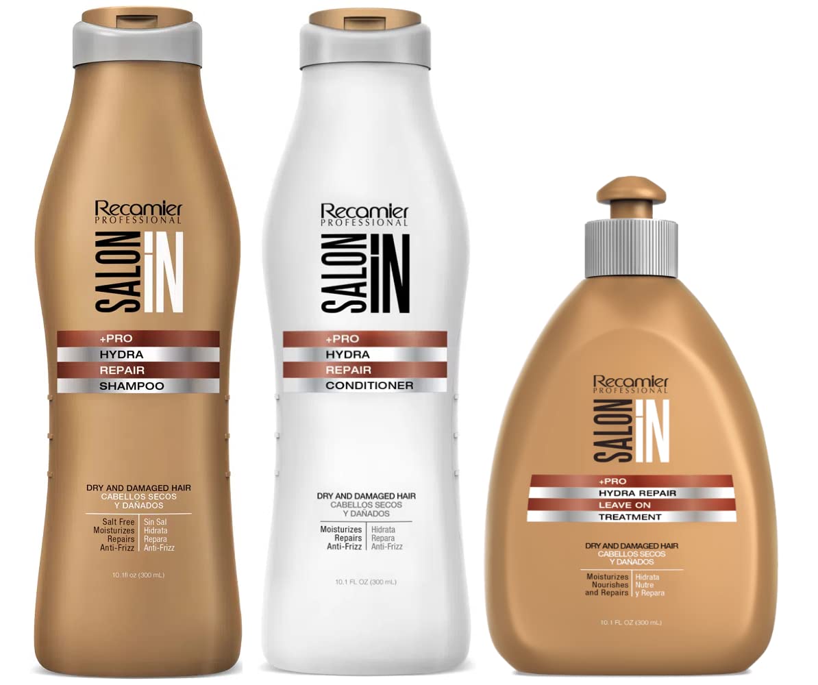 Salon In by Recamier | Hydra Repair Kit - Shampoo, Conditioner (33.8 fl oz Each) & Leave-On (10.1 fl oz) | Dry And Damaged Hair