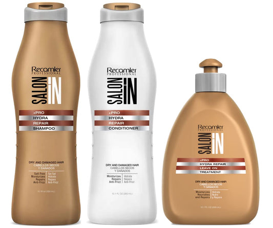 Salon In by Recamier | Hydra Repair Kit - Shampoo, Conditioner (33.8 fl oz Each) & Leave-On (10.1 fl oz) | Dry And Damaged Hair