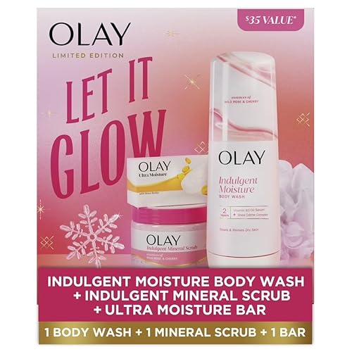 Olay Let It Glow Gift Pack with 1 Wild Rose and Cherry Moisture Body Wash, 20oz, and 1 Wild Rose and Cherry Indulgent Mineral Scrub, 11oz, and 1 Ultra
