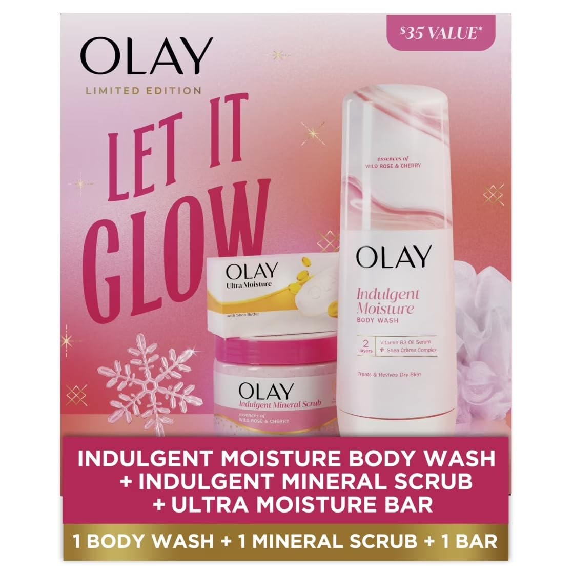 Olay Let It Glow Gift Pack with 1 Wild Rose and Cherry Moisture Body Wash, 20oz, and 1 Wild Rose and Cherry Indulgent Mineral Scrub, 11oz, and 1 Ultra