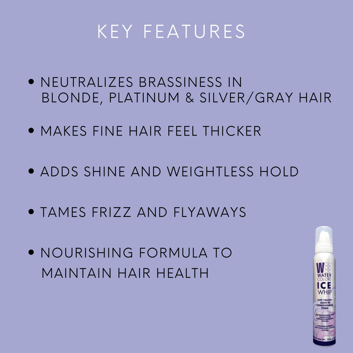 Watercolors Ice Whip Anti-Yellow Leave-In Conditioning Foam Mousse for Blonde, Platinum, Bleached, Silver, Gray, Ash & Brassy Hair - Violet Purple 6.5