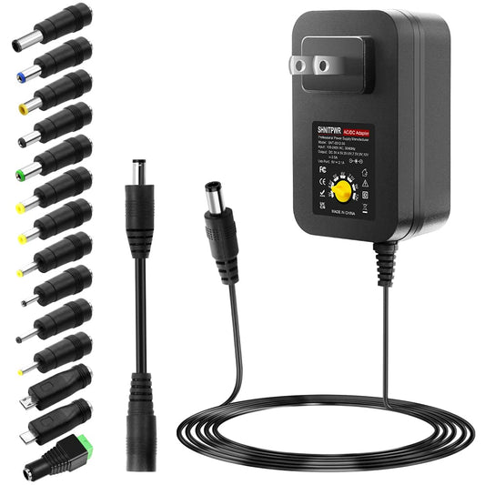 SHNITPWR 30W Universal Power Supply – Adjustable 3V-12V AC/DC Adapter with 5V 2.1A USB Port, 100-240V Converter, 0.5A-2.5A Max, 14 Tips