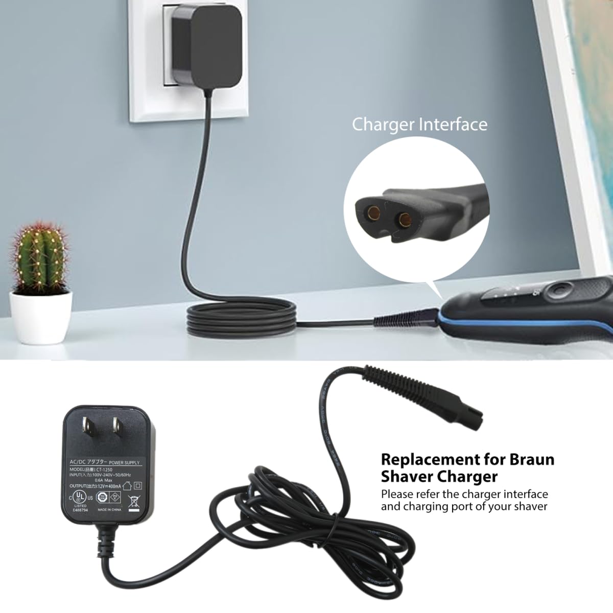 Shaver Charger 12V 400mA Replacement for B-raun Series 3:350 370 340 320 330 380 310 310s 3000BT 3010BT 340s-4 380s-4 3000s 3040s 3050cc 310-1 340s Beauty and Personal Care USonline911