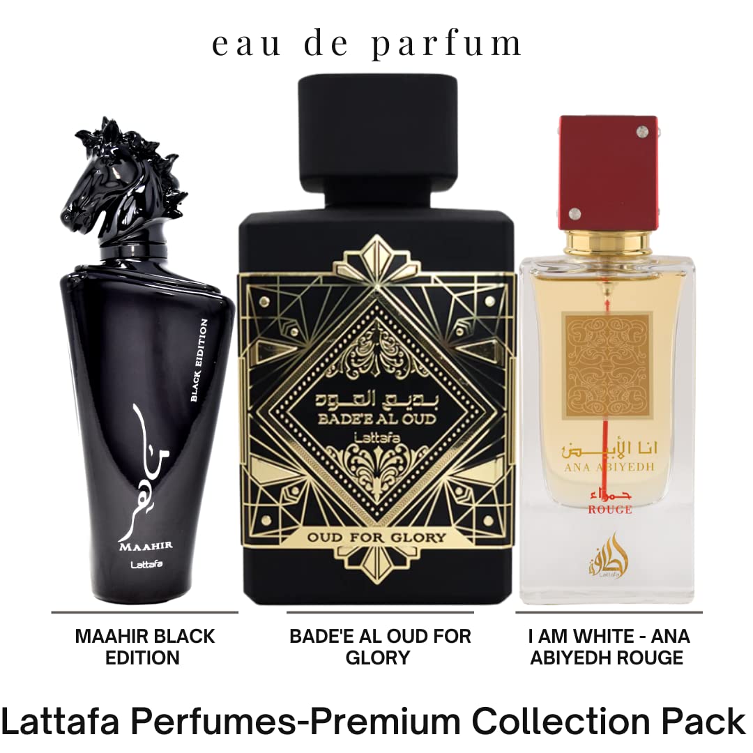 Lattafa Perfumes Bade'e Al Oud For Glory, Maahir Black & Ana Abiyedh Rouge EDP-100ml(3.4 oz)