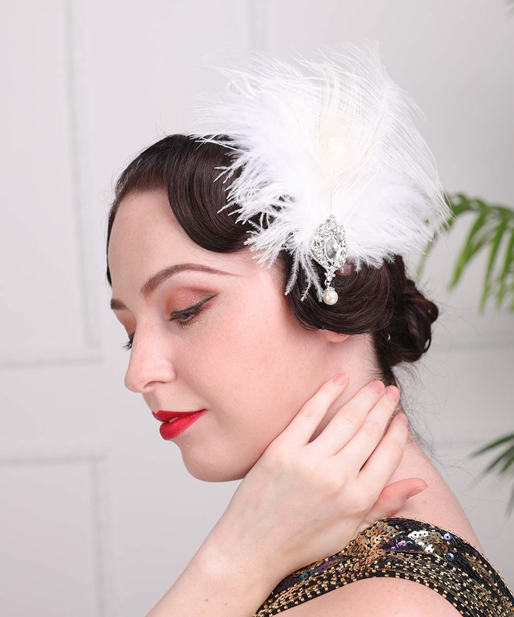 Aimimier 1920s Flapper White Feather Headpiece Crystal Pendant Hair Clip Roaring 20s Feather Accessories Masquerade Hair Jewelry for Women