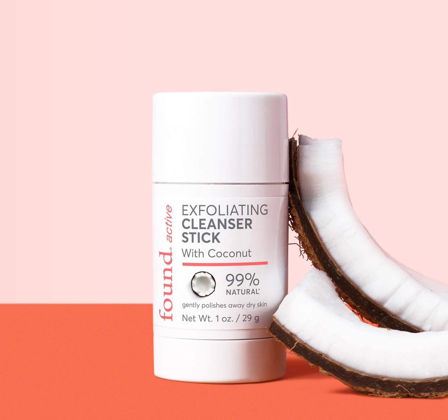 Found Active Exfoliating Cleansing Stick with Coconut, Fuss-Free, Purifies Pores & Scrubs Away Dullness, Convenient for the Gym, Travel, & Everyday