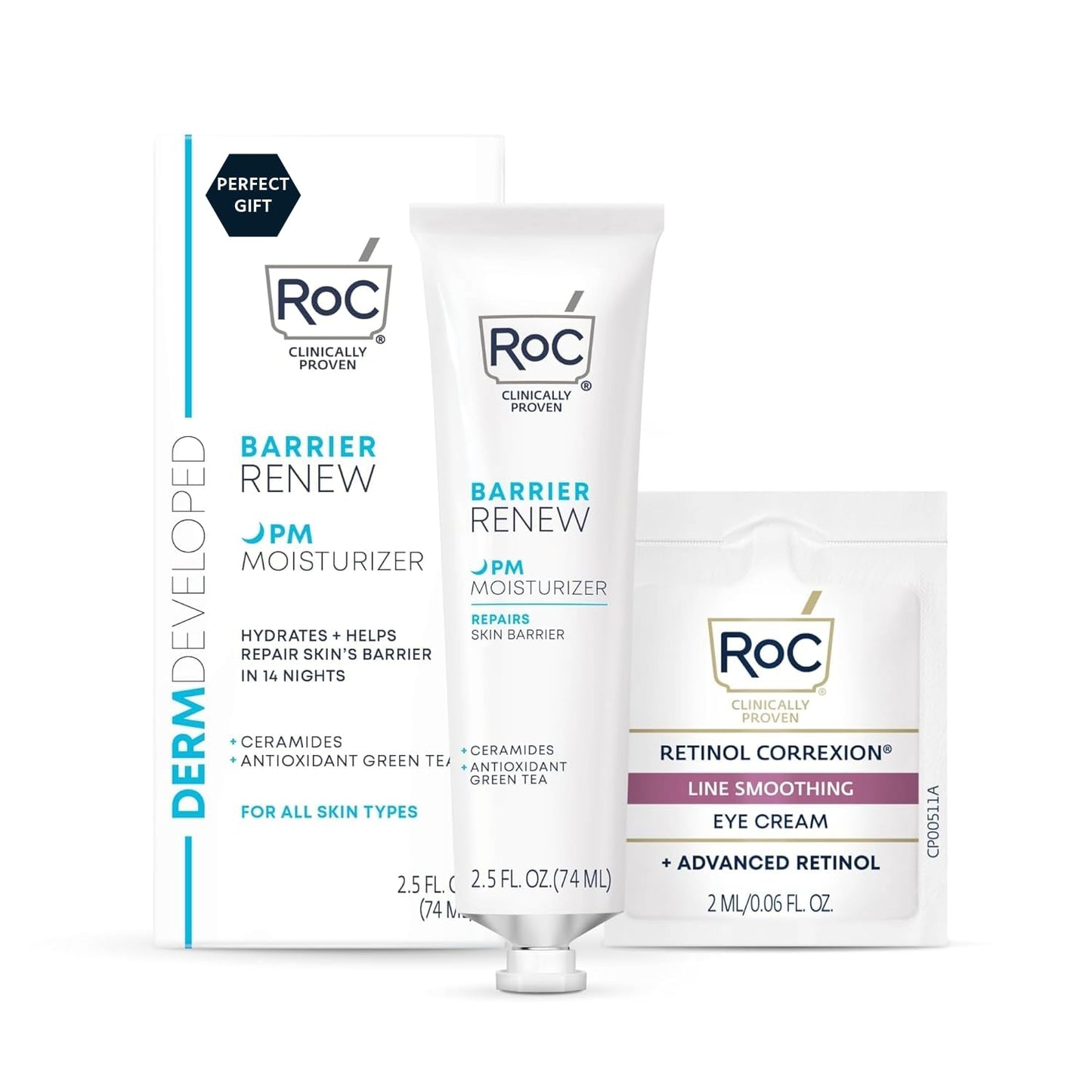 RoC Barrier Renew Night Moisturizer with Ceramides & Antioxidant Green Tea and Lipo Peptides to Renew Skin Barrier, (2.5 oz) with Retinol Eye Cream