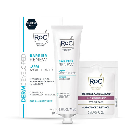 RoC Barrier Renew Night Moisturizer with Ceramides & Antioxidant Green Tea and Lipo Peptides to Renew Skin Barrier, (2.5 oz) with Retinol Eye Cream