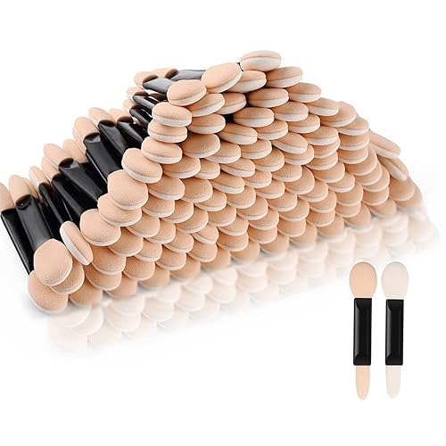 Deksias Disposable Dual Sided Eye Shadow Sponge Applicator Oval Tipped Eyeshadow Brushes Makeup Tool (50PCS, Beige white)
