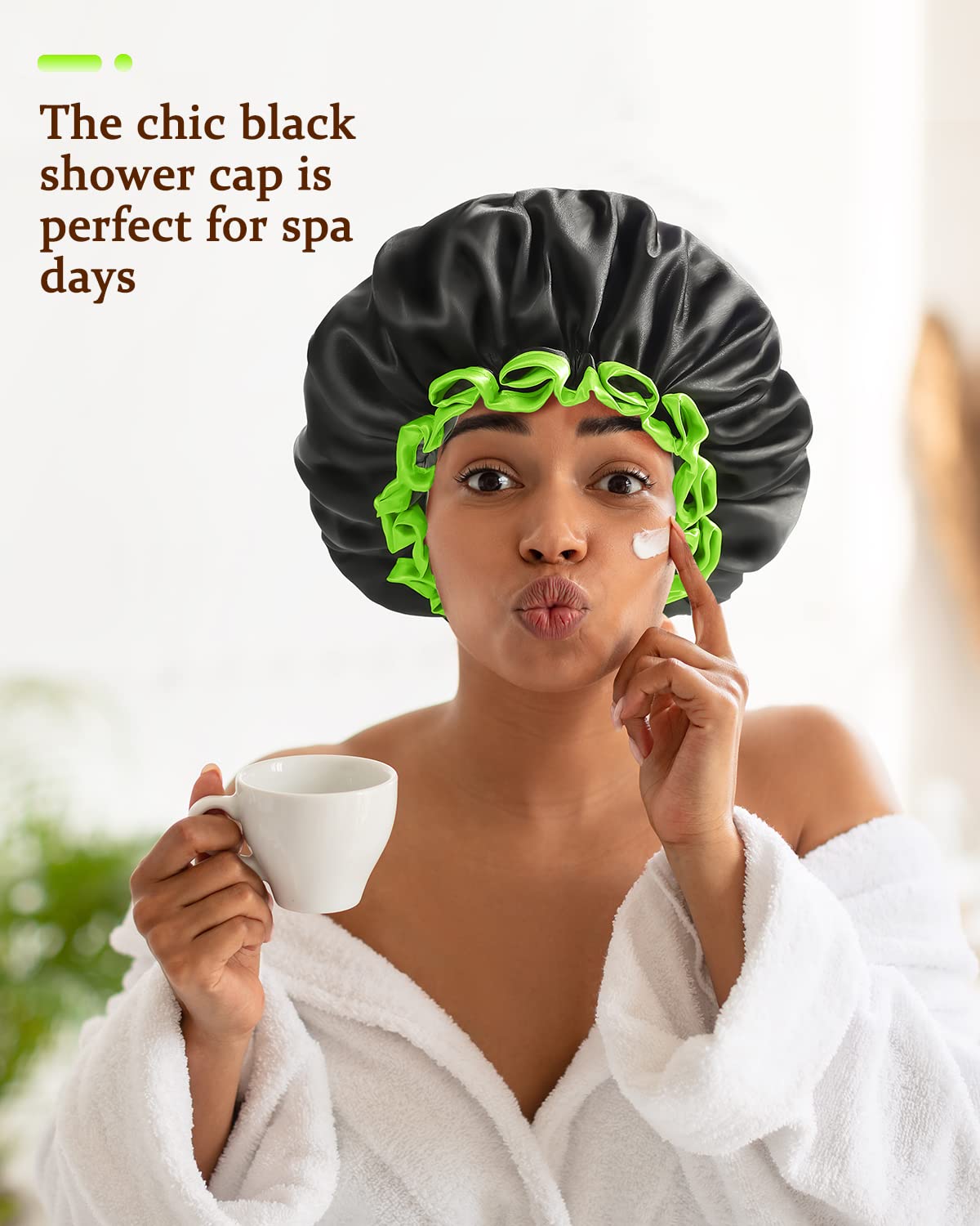 mikimini Black Shower Caps for Small Child 2 Packs, Double Layers Waterproof Bathing Hair Cap with Reusable Soft Comfortable PEVA Lining, Cute