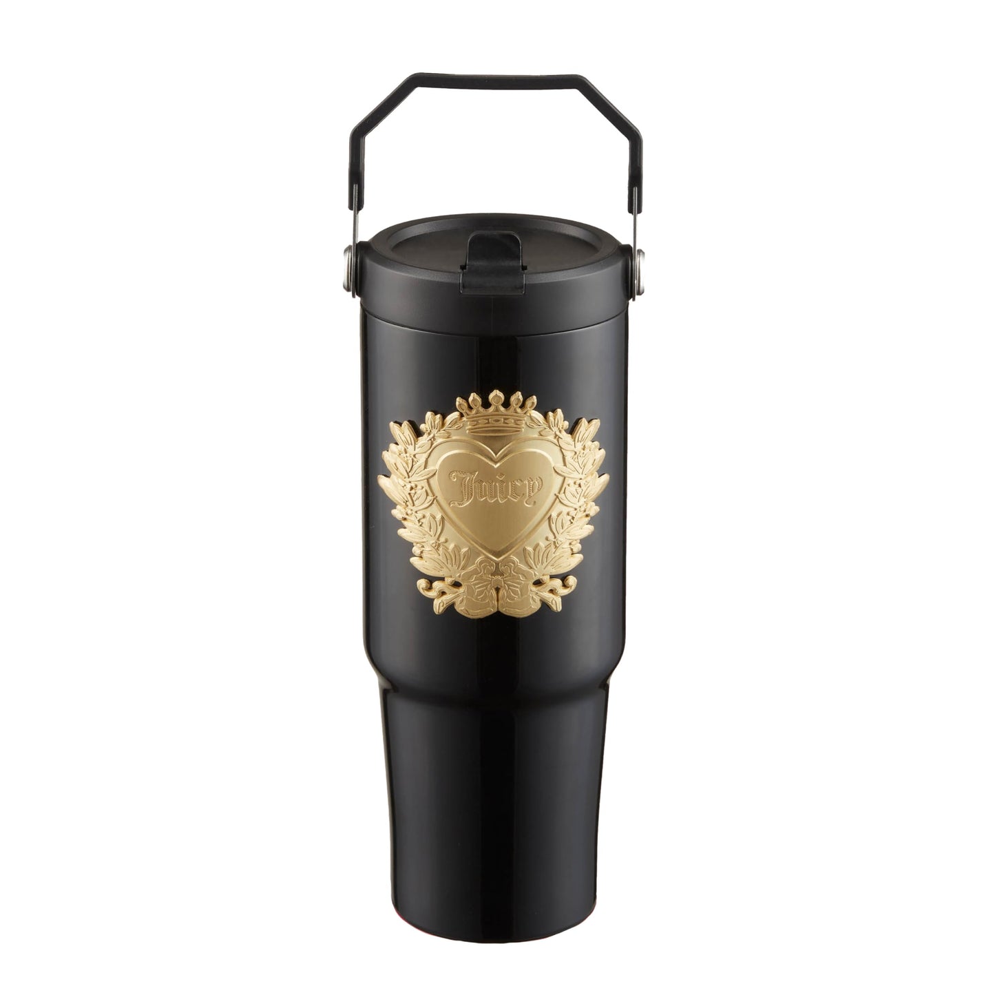 Juicy Couture 30oz Flip Flow Stainless Steel Tumbler With Flip Straw and Carry Handle, Black 3D Gold Logo