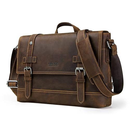 Contacts Crazy Horse Leather Messenger Bag for Men 12 Inch Laptop Briefcase Computer Shoulder Bag Travel Business (Brown)