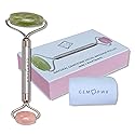 GEM PWR Rose Quartz + Jade Roller for Face and Neck Massage, Dual Gemstones with Durable Steel Handle and Travel Bag. Minimize Wrinkles, Reduce