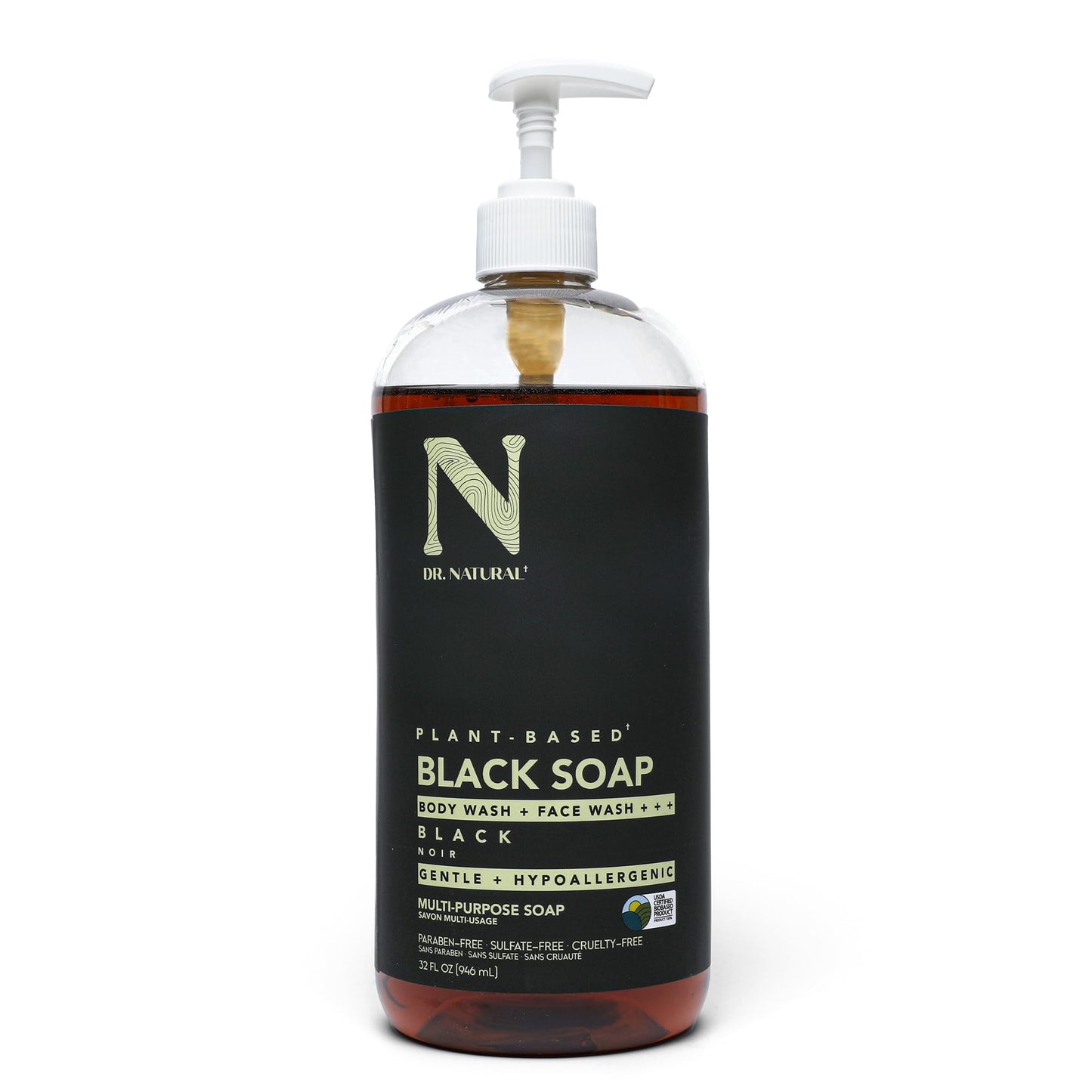 Dr. Natural Multi-Purpose Black Liquid Soap - Natural West African Body Wash - Gentle Hand Soap and Body Soap - Deep Moisturizer, Fights Acne - 32 oz