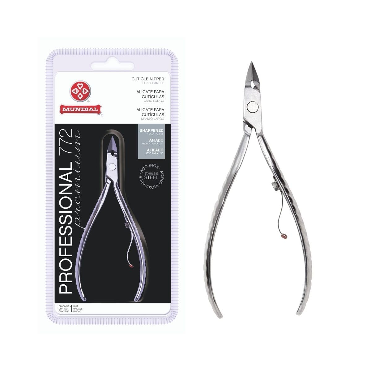 Professional Cuticle Nipper Mundial 772 PR - Brazilian Manicure Quality Long Handle Stainless Steel Trimmer Cutter for Fingernails and Toenails