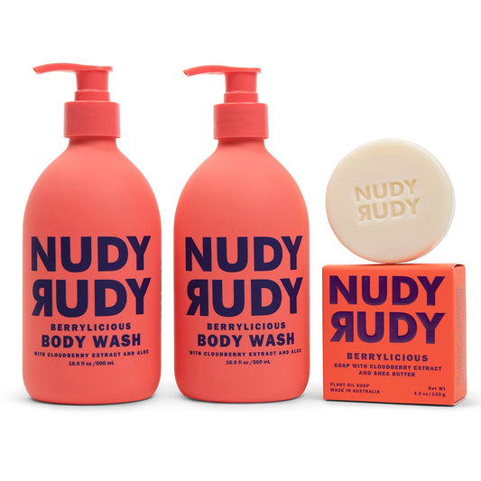 Nudy Rudy Berrylicious 2 Pack, Liquid Body Wash Bundle with Bonus Soap Bar, Aloe Vera and Vitamin E, Moisturizing Shower Gel, Body Wash and Bar Soap Beauty & Personal Care Nudy Rudy