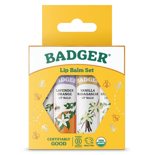 Badger Classic Organic Lip Balm Set - Yellow Box, Light Silky Long Lasting Lip Moisturizer Gift Set, All Natural Lip Balm Variety Pack Lip Set