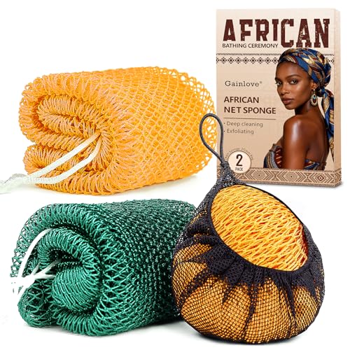 2 Pack African Net Sponge Exfoliating Body Scrubber Bath Sponge for Daily Use (Yellow + Dark Green) Beauty and Personal Care Gainlove Default Title