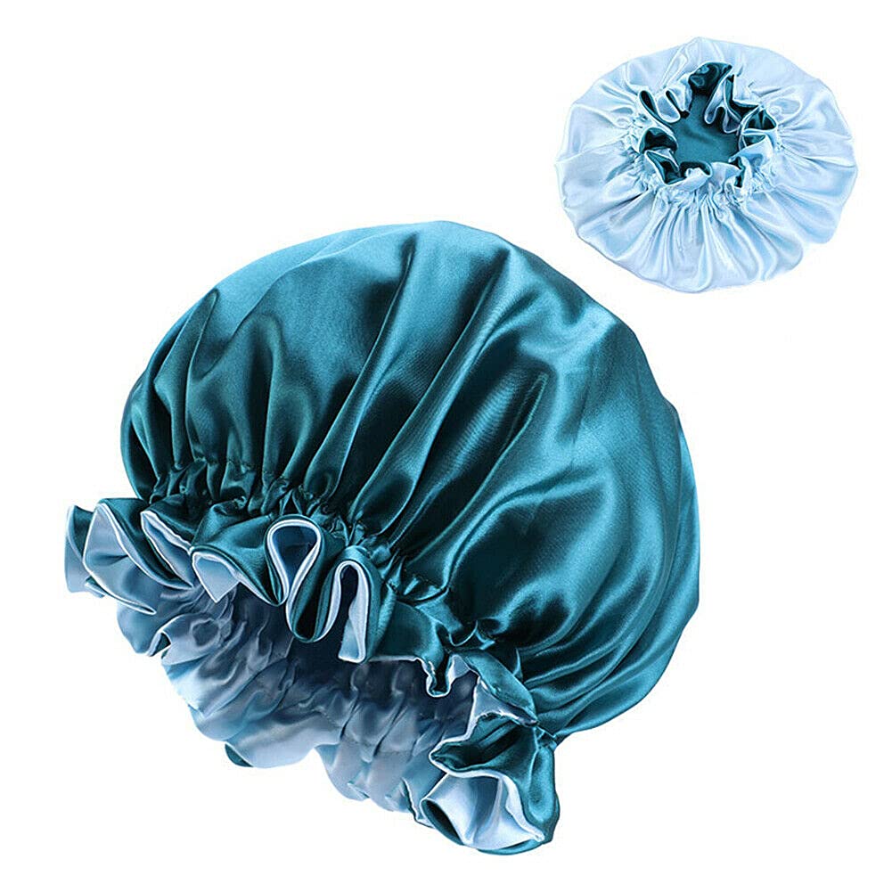 Magik Double-sided Cover Satin Night Sleep Cap Hair Bonnet Hat Head w/Elastic Band (2 Pack, Teal Blue/Light Blue) Beauty and Personal Care Magik