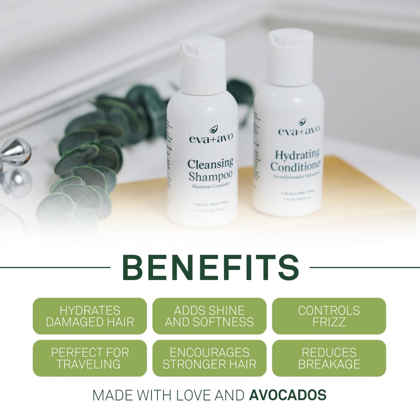 EVA + AVO Avocado Shampoo & Conditioner 8 fl oz, Sulfate-Free Cleanse for Dry Scalp, Fine, Curly, Damaged or Thin Hair, Hydrating & Strengthening