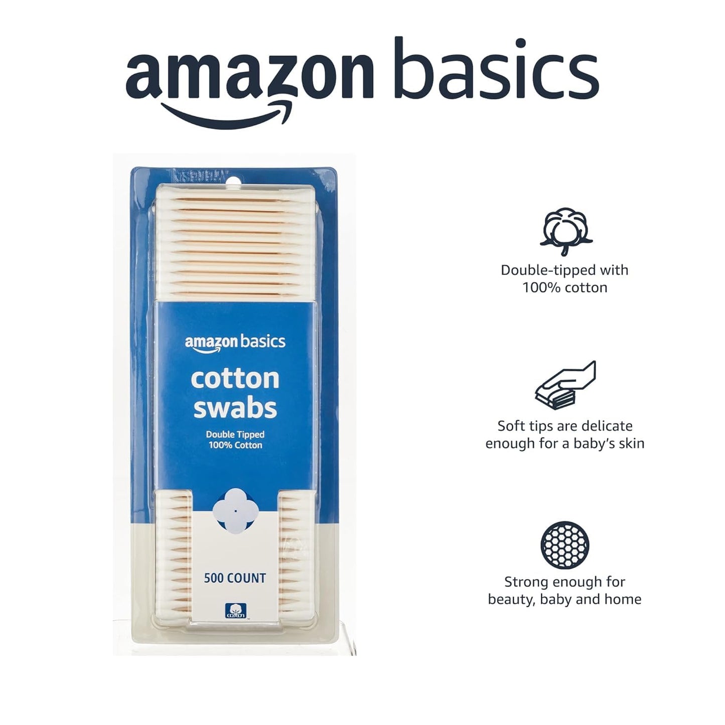 Amazon Basics Double-Tipped Cotton Swabs for Personal Hygiene and Baby Care, Cotton, Versatile, Baby Safe, 500 Count Beauty and Personal Care Amazon Basics