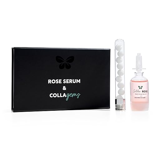 Bevanni Golden ROSE Serum + CollaGEMS - Pure Rose Essential Oil with Colloidal Gold, Hyaluronic Acid & Vitamin C & Collagen Balls - Daily Face