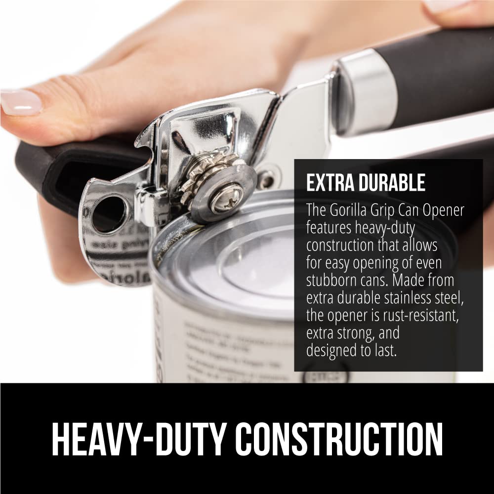 GORILLA GRIP Stainless Steel Can Opener – Smooth Edge Manual Opener with Easy-Turn Knob & Ergonomic Handle – Black