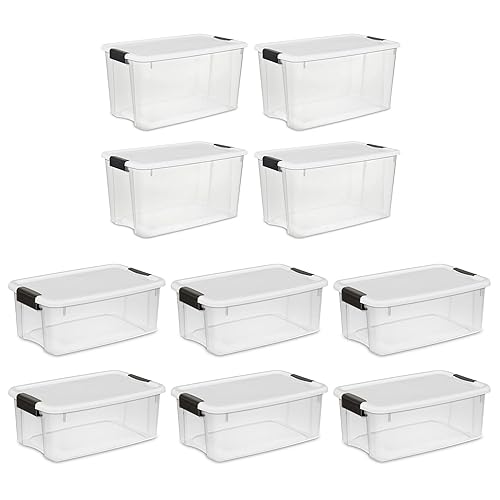 Sterilite 4 Sets of 70-Quart & 6 Sets of 18-Quart Heavy-Duty Stackable Storage Container Tote, Clear Base w/White Latch lid for Home Organization