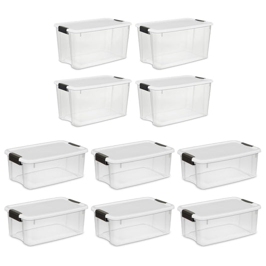 Sterilite 4 Sets of 70-Quart & 6 Sets of 18-Quart Heavy-Duty Stackable Storage Container Tote, Clear Base w/White Latch lid for Home Organization