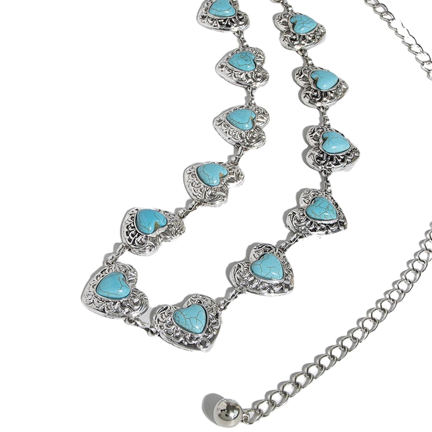 Lomehue Women Boho Waist Chain Green Turquoise Cowgirl Metal Heart Chain Belt for Dresses Jeans Vintage Cowboy Accessories (Silver)