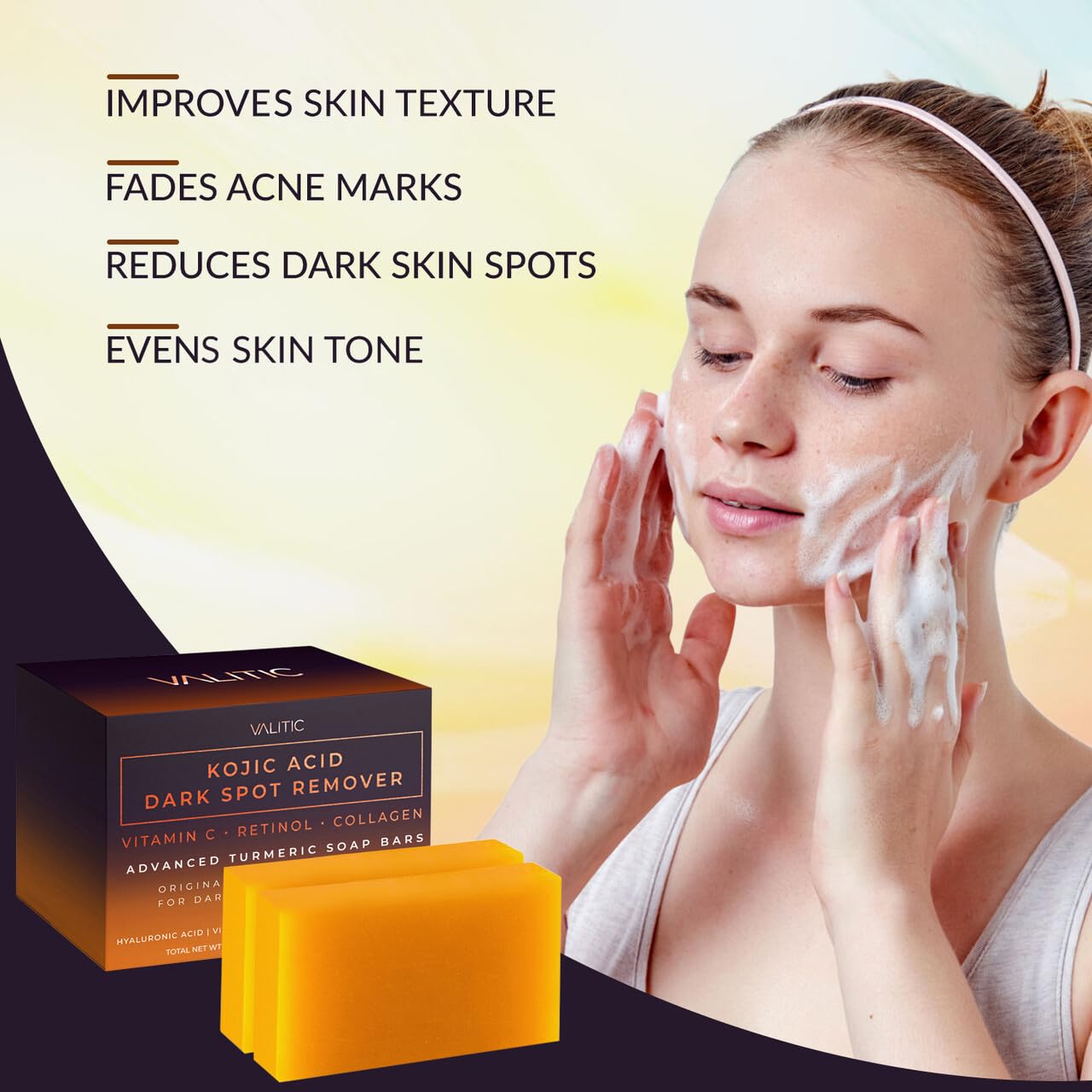 VALITIC Kojic Acid Dark Spot Remover Soap Bars with Vitamin C, Retinol, Collagen, Turmeric - Original Japanese Complex Infused with Hyaluronic Acid