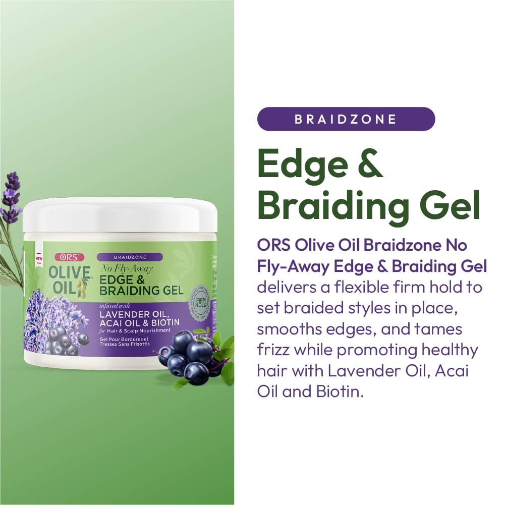 ORS Olive Oil Braidzone Edge & Braiding Gel with Lavender, Acai & Biotin for Hair & Scalp 8 oz (Pack of 3)