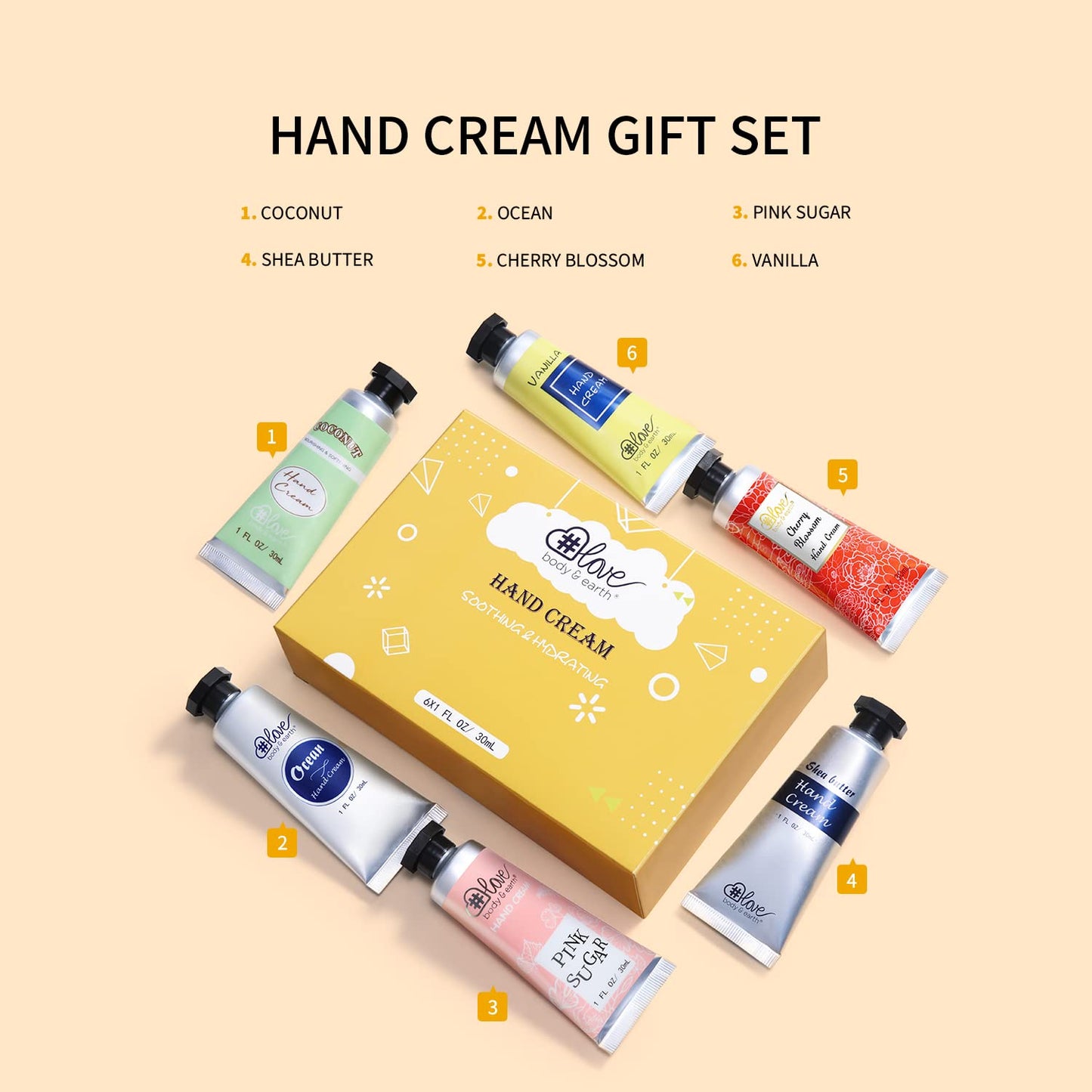 BODY & EARTH # LOVE Hand Cream Gift Set Hand Lotion Sets for Women Gift, Mothers Day Gifts for Mom Gifts, Pack of 6 Advanced Repair Hand Cream for Dry